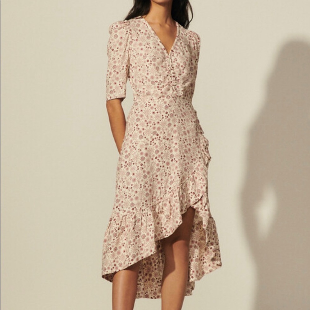 Sandro Trinidad Printed Asymmetric High-Low Midi Dress size 36 S